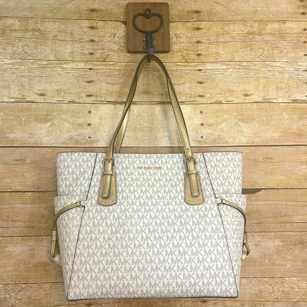 MICHAEL Michael Kors Voyager Tote Vanilla & Gold with Perforated Dot Accents NWT